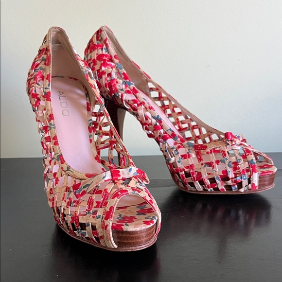 Aldo Shoes - Aldo floral print peep-toe basket weave platform heels